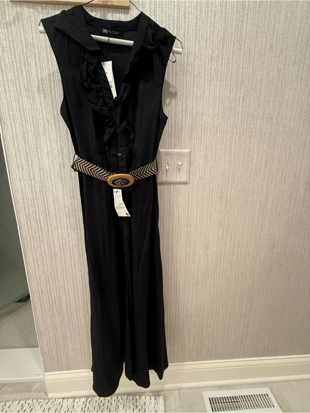 Zara Black Ruffled V-Neck Button-Front Jumpsuit - Picture 2 of 4